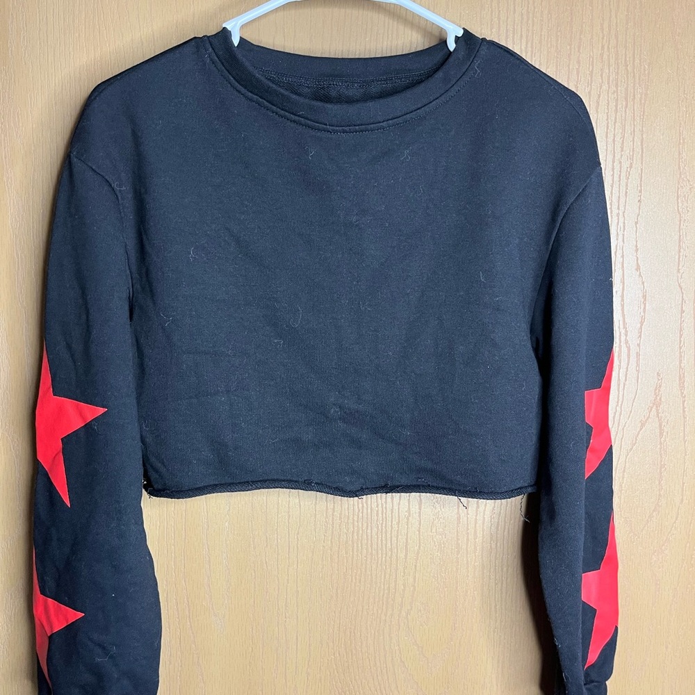 Black Cropped Sweatshirt with Red Stars